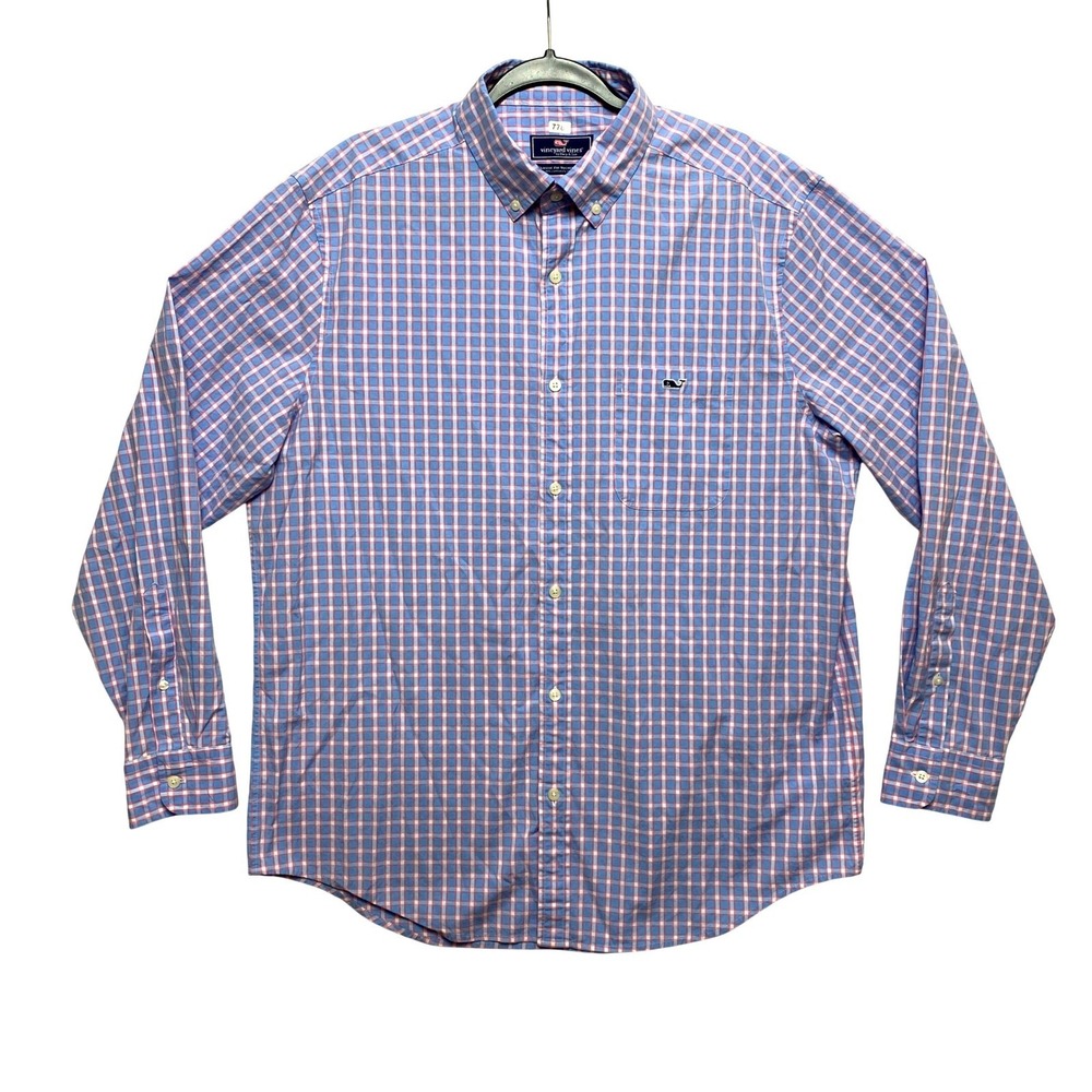 Vineyard Vines Shirt Mens L Blue Pink Long Sleeve Classic Fit Plaid Button Down